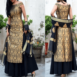 Off Shoulder Brocade Kurti with Skirt and Dupatta